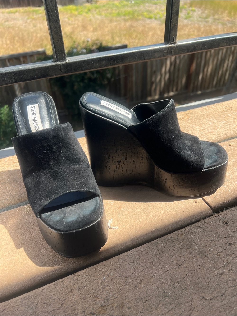 Steve Madden Black Suede Platform Wedge Slides